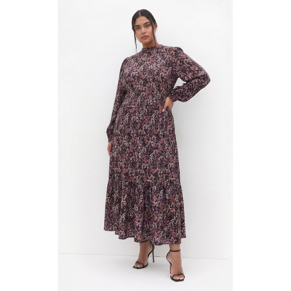 Leota Women 2X Floral‎ Tiered Maxi Dress Mock Neck Long Sleeve Smocked Waist